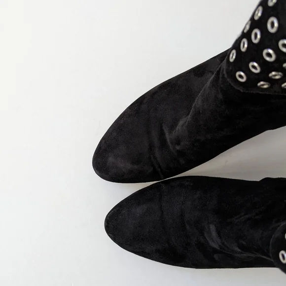 Alaïa Black Suede Grommet Embellished Ruffled Ankle Boots | Size 38.5 - Picture 14 of 16